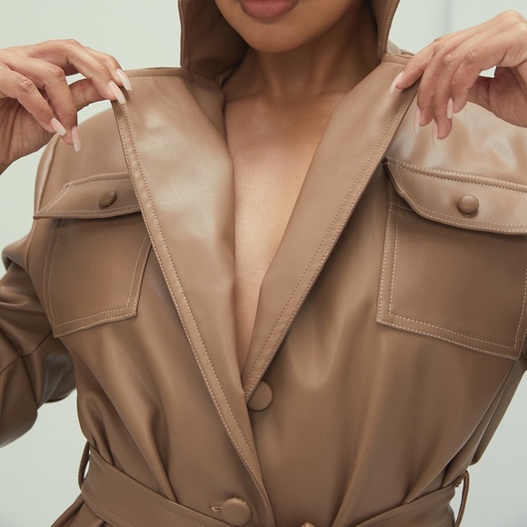 Tan Vegan Leather Belted Jacket 🧥 Dress - Picture 8 of 15